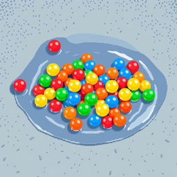 A pixel art image featuring an assortment of small, colorful plastic balls scattered within a puddle on a textured floor