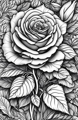 A digital art image in the style of a colouring book page by Johanna Basford, featuring an intricately detailed rose