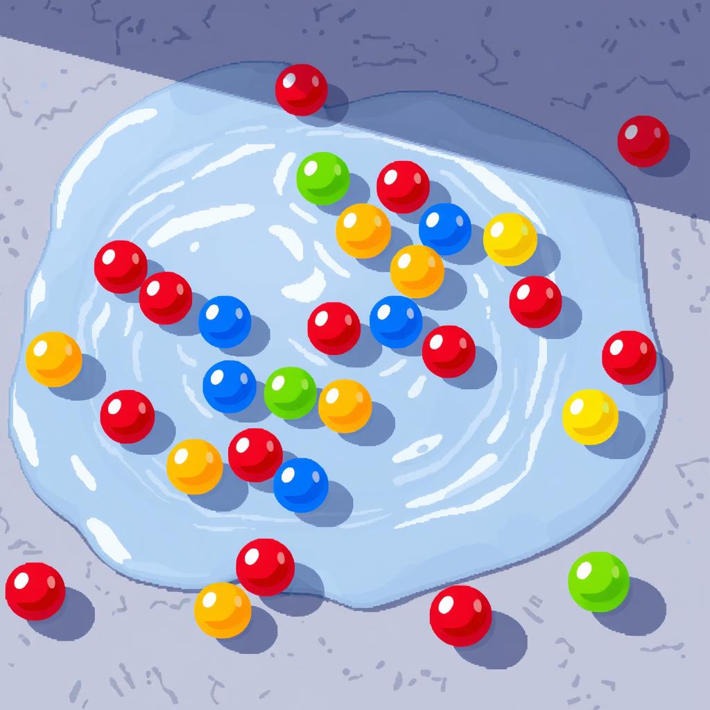 A pixel art image featuring an assortment of small, colorful plastic balls scattered within a puddle on a textured floor