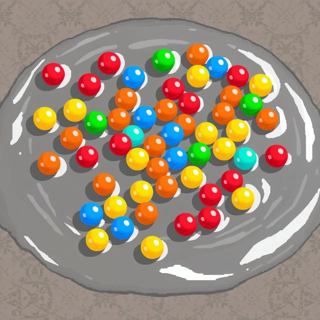 A pixel art image featuring an assortment of small, colorful plastic balls scattered within a puddle on a textured floor