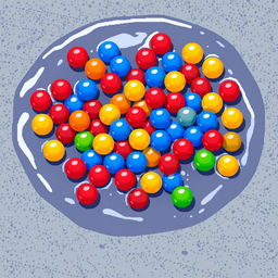 A pixel art image featuring an assortment of small, colorful plastic balls scattered within a puddle on a textured floor