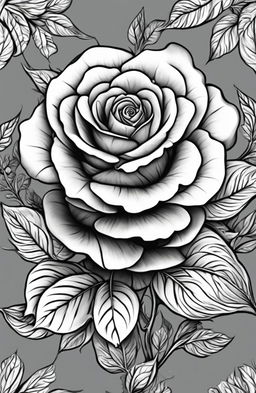 A digital art image in the style of a colouring book page by Johanna Basford, featuring an intricately detailed rose