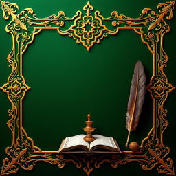 An ornate frame decorated with golden Islamic motifs on a rich green background, prominently featuring symbolic elements such as a book, an inkwell, and a feather quill