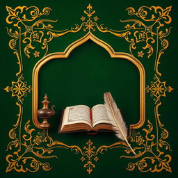 An ornate frame decorated with golden Islamic motifs on a rich green background, prominently featuring symbolic elements such as a book, an inkwell, and a feather quill