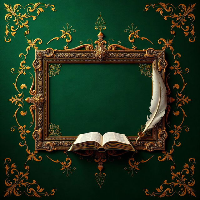 An ornate frame decorated with golden Islamic motifs on a rich green background, prominently featuring symbolic elements such as a book, an inkwell, and a feather quill