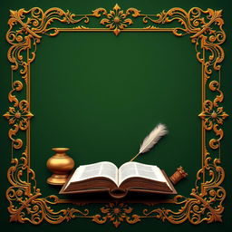 An ornate frame decorated with golden Islamic motifs on a rich green background, prominently featuring symbolic elements such as a book, an inkwell, and a feather quill