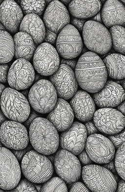 This is a black and white, intricately detailed colouring book page featuring Easter eggs