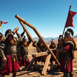 A group of fierce Mongol warriors in traditional armor, skillfully assembling a large wooden catapult in a rugged outdoor setting