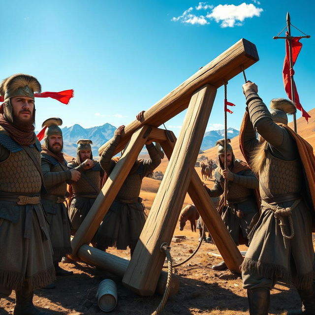 A group of fierce Mongol warriors in traditional armor, skillfully assembling a large wooden catapult in a rugged outdoor setting