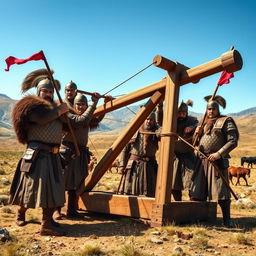 A group of fierce Mongol warriors in traditional armor, skillfully assembling a large wooden catapult in a rugged outdoor setting