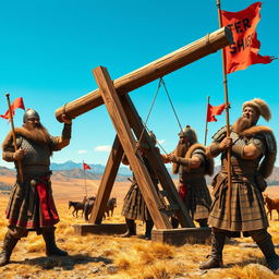 A group of fierce Mongol warriors in traditional armor, skillfully assembling a large wooden catapult in a rugged outdoor setting