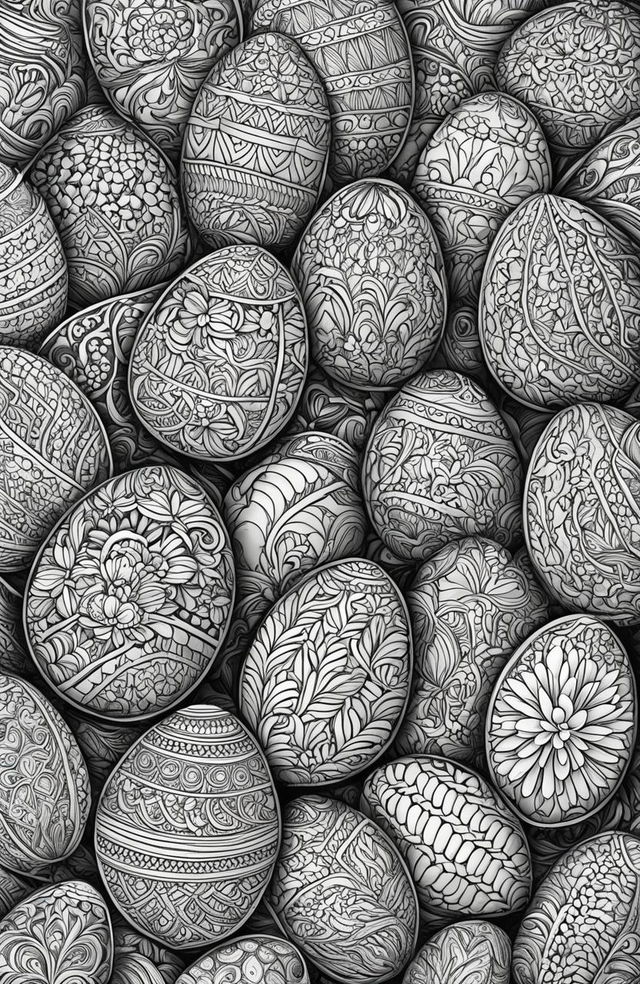 This is a black and white, intricately detailed colouring book page featuring Easter eggs