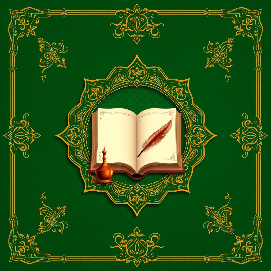 A beautifully designed book cover featuring an ornate frame decorated with golden Islamic motifs set against a rich green background