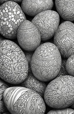 This is a black and white, intricately detailed colouring book page featuring Easter eggs