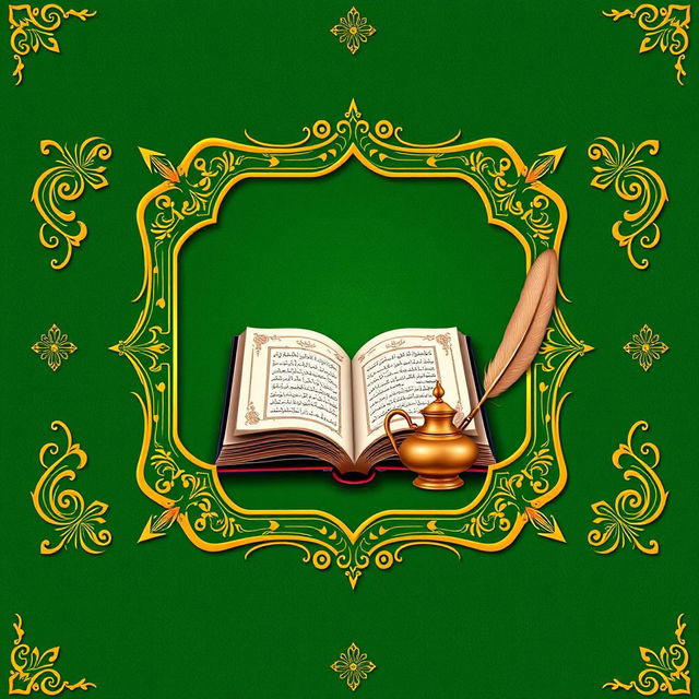 A beautifully designed cover page featuring an ornate frame with golden Islamic motifs on a rich green background