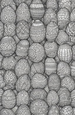 This is a black and white, intricately detailed colouring book page featuring Easter eggs