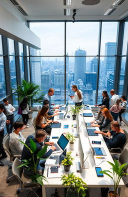 A dynamic and modern business environment featuring a sleek office interior with large windows showcasing a city skyline