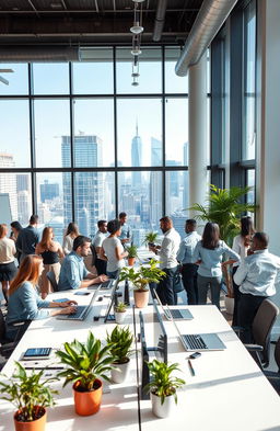 A dynamic and modern business environment featuring a sleek office interior with large windows showcasing a city skyline