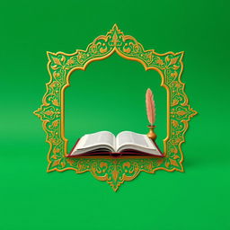 A page featuring an ornate frame adorned with golden Islamic patterns set against a vibrant green background