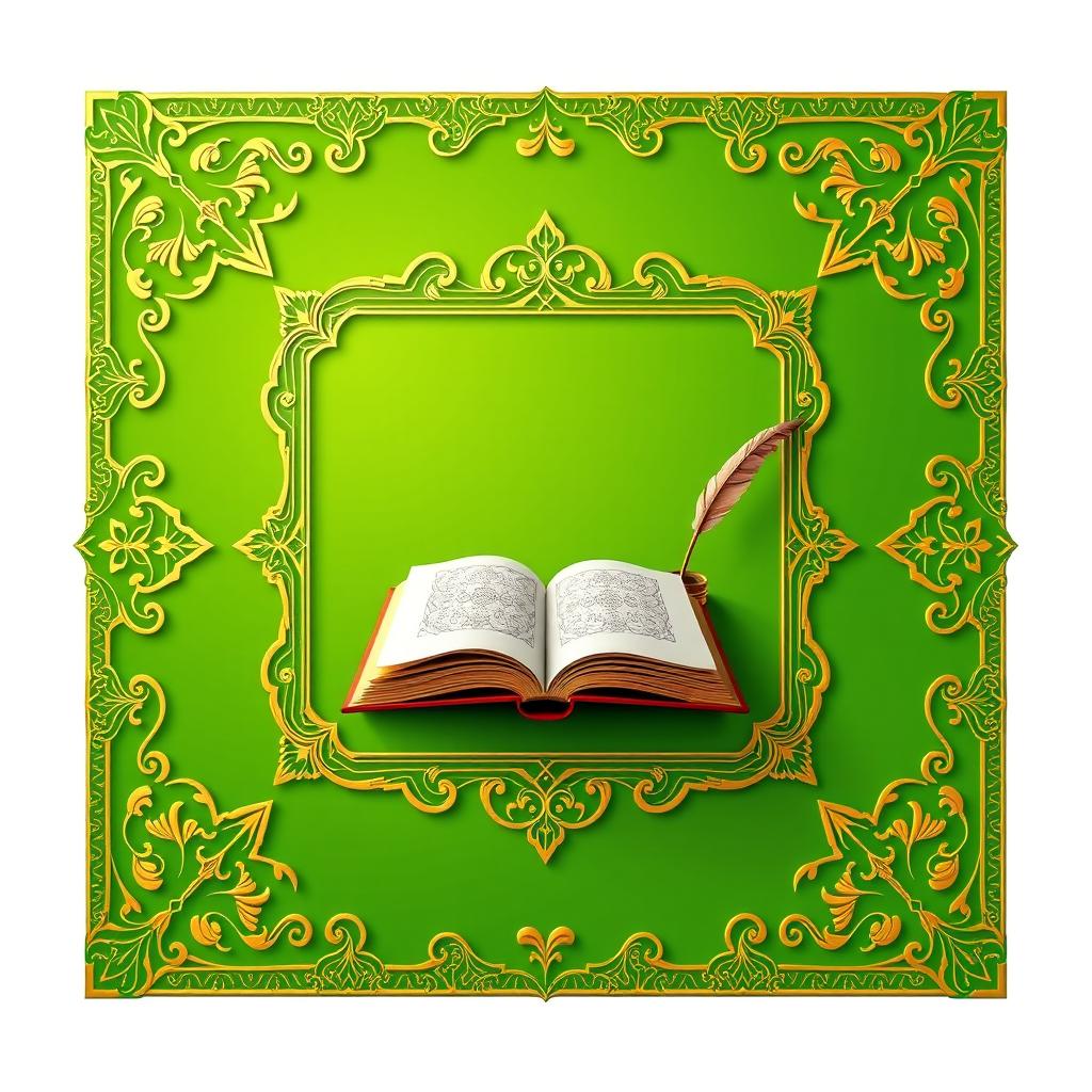 A page featuring an ornate frame adorned with golden Islamic patterns set against a vibrant green background