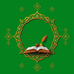 A page featuring an ornate frame adorned with golden Islamic patterns set against a vibrant green background