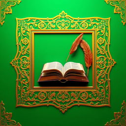 A page featuring an ornate frame adorned with golden Islamic patterns set against a vibrant green background