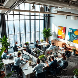 A dynamic and modern business environment featuring an open-plan office space with large windows that reveal a panoramic city view