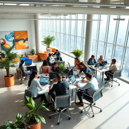 A dynamic and modern business environment featuring an open-plan office space with large windows that reveal a panoramic city view