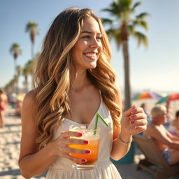 A woman with long wavy hair, dressed in a light summer dress, enjoying a warm sunny day at Santa Monica beach
