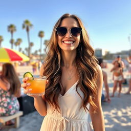 A woman with long wavy hair, dressed in a light summer dress, enjoying a warm sunny day at Santa Monica beach