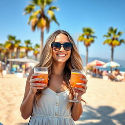 A woman with long wavy hair, dressed in a light summer dress, enjoying a warm sunny day at Santa Monica beach