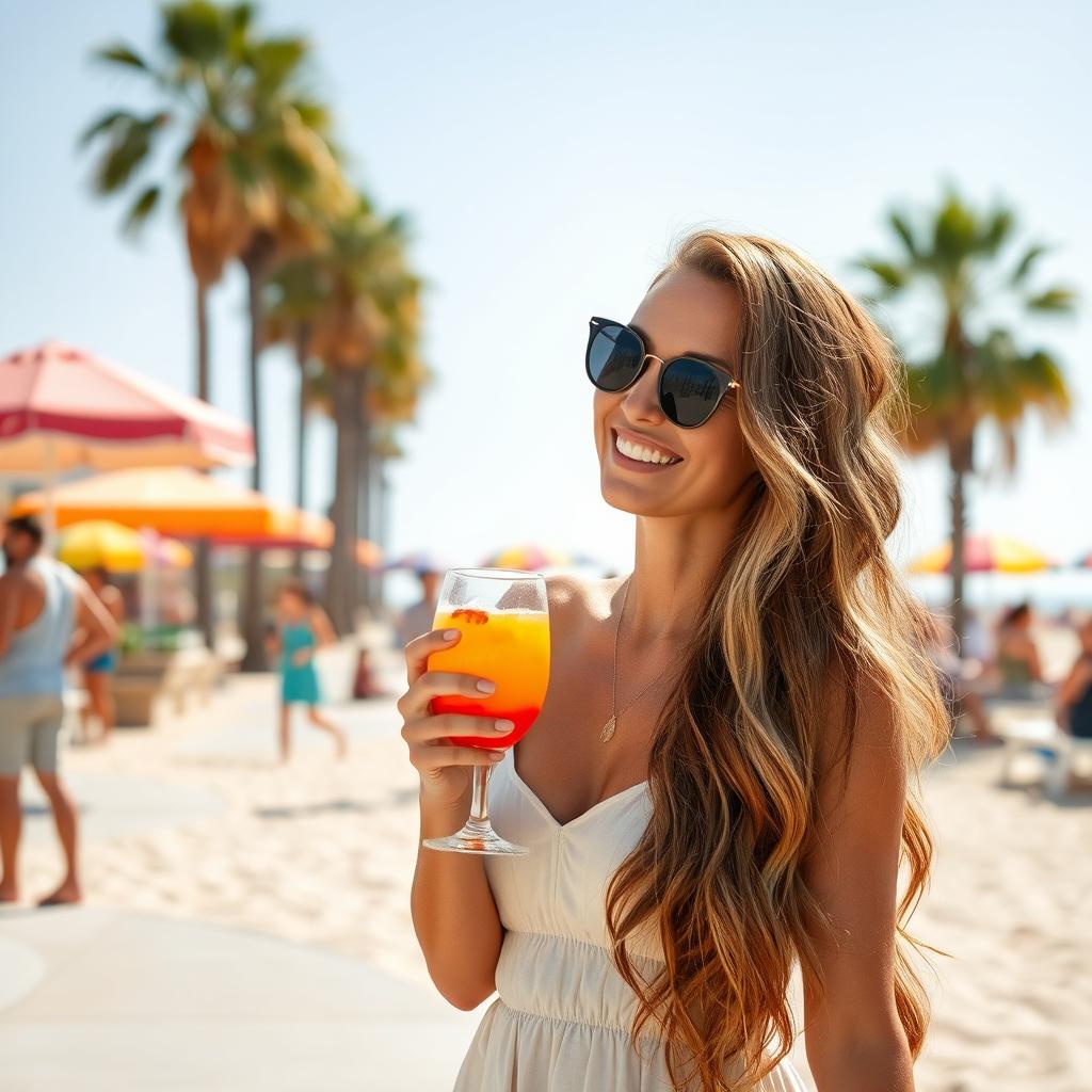 A woman with long wavy hair, dressed in a light summer dress, enjoying a warm sunny day at Santa Monica beach