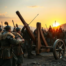 A group of Mongol warriors in traditional armor, preparing a large wooden catapult for battle