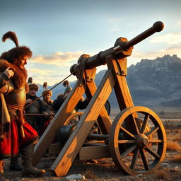 A group of Mongol warriors in traditional armor, preparing a large wooden catapult for battle