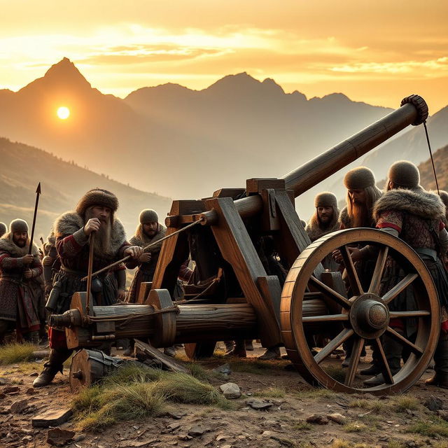 A group of Mongol warriors in traditional armor, preparing a large wooden catapult for battle