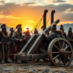 A group of Mongol warriors in traditional armor, preparing a large wooden catapult for battle