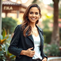 A graceful and adventurous portrait of a 35-year-old woman named Evelyn, showcasing her elegance and vibrant personality