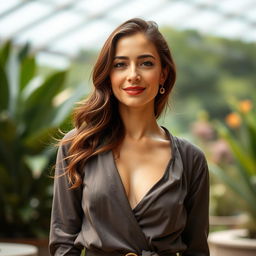 A graceful and adventurous portrait of a 35-year-old woman named Evelyn, showcasing her elegance and vibrant personality