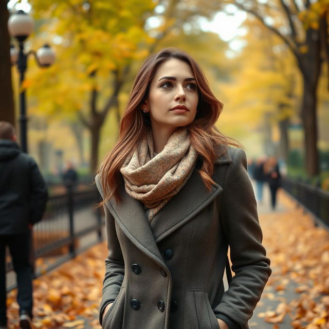 A woman in a stylish coat and scarf walking through the paths of Central Park, surrounded by autumn leaves