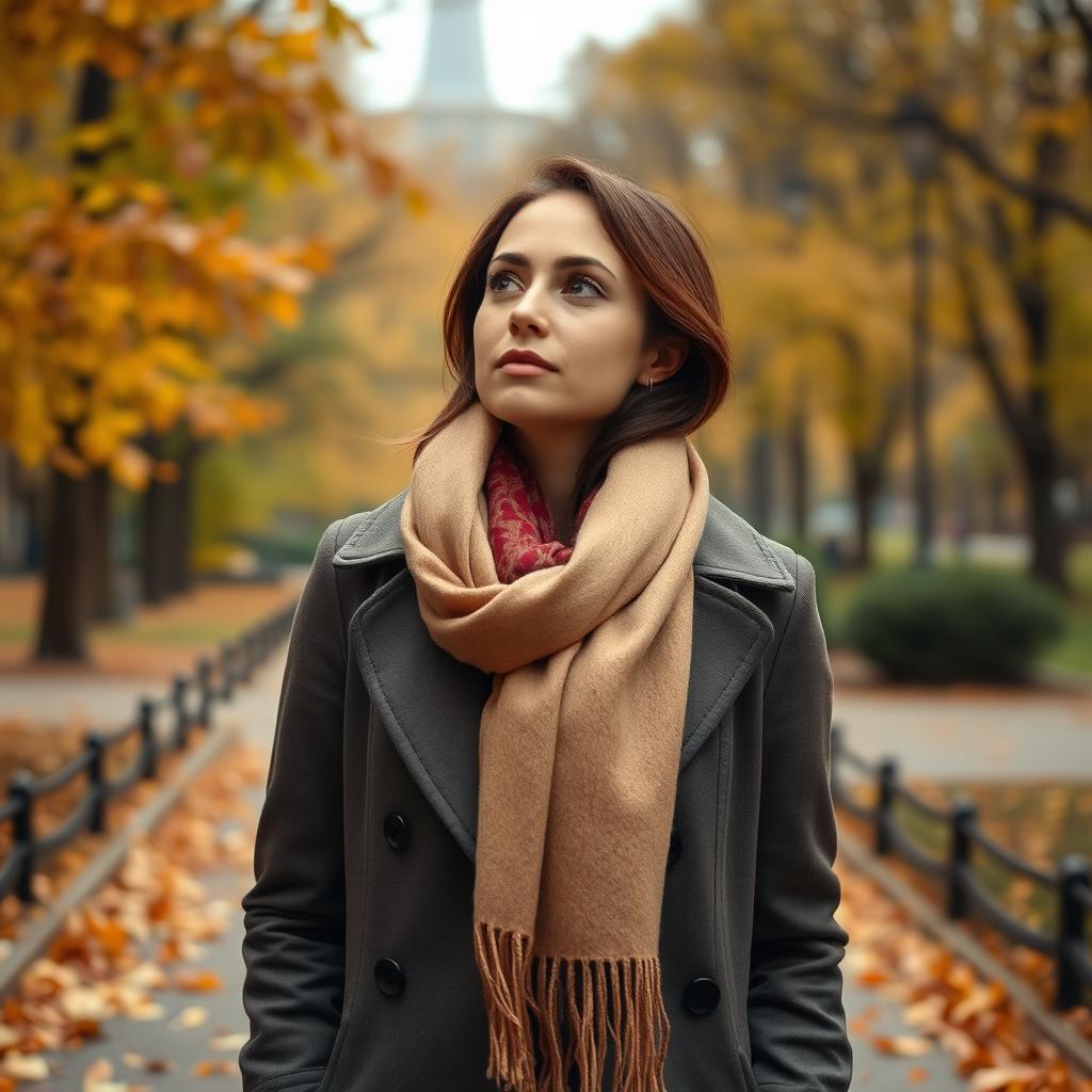 A woman in a stylish coat and scarf walking through the paths of Central Park, surrounded by autumn leaves