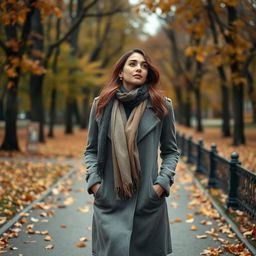 A woman in a stylish coat and scarf walking through the paths of Central Park, surrounded by autumn leaves