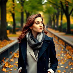 A woman in a stylish coat and scarf walking through the paths of Central Park, surrounded by autumn leaves