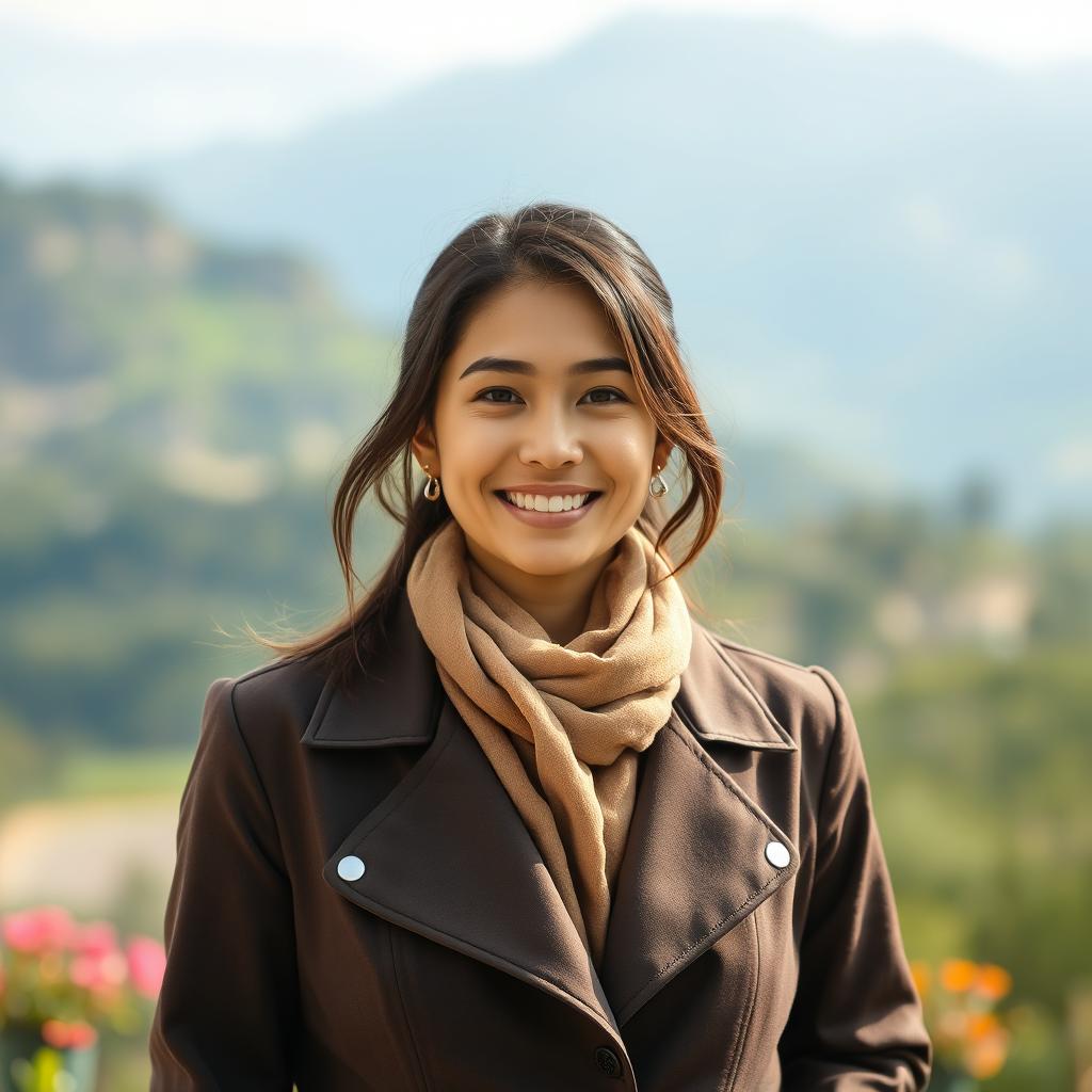 A charming portrait of a 35-year-old woman named Evelyn, radiating a unique blend of elegance and adventurous spirit