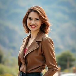 A charming portrait of a 35-year-old woman named Evelyn, radiating a unique blend of elegance and adventurous spirit