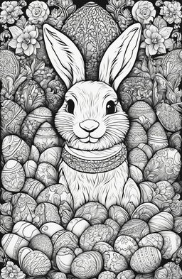 A detailed black and white colouring book page featuring an intricately designed bunny surrounded by various Easter eggs