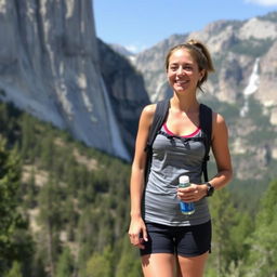 Against the backdrop of majestic cliffs and waterfalls of Yosemite, a woman in athletic clothing stands ready for a hike