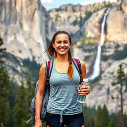 Against the backdrop of majestic cliffs and waterfalls of Yosemite, a woman in athletic clothing stands ready for a hike