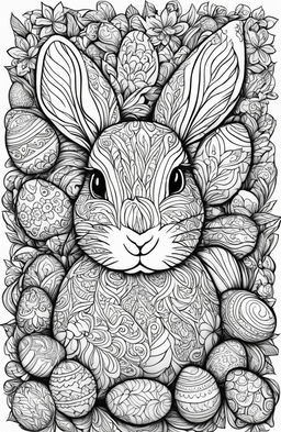 A detailed black and white colouring book page featuring an intricately designed bunny surrounded by various Easter eggs