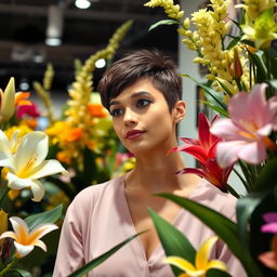 A woman with a short hairstyle and bold makeup stands among floral arrangements at an exhibition