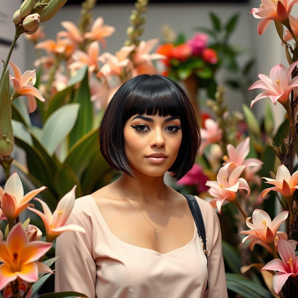 A woman with a short hairstyle and bold makeup stands among floral arrangements at an exhibition